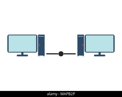 Lan-Netzwerk mit zwei Rechnern. Flache Vector Illustration auf weißem Hintergrund. Stock Vektor