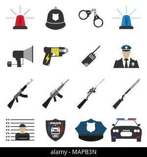 16 flache Polizei Symbol. Schützen und Label dienen. Vector Illustration Stock Vektor