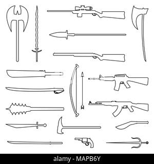 18 Waffe Umrisse Symbol. Mittelalter und Moderne. Flache Vector Illustration. Stock Vektor