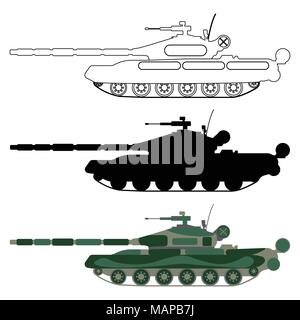 Tank Silhouette, Cartoon, skizzieren. Militärische Ausrüstung set Symbol. Vector Illustration. Stock Vektor