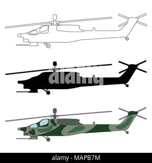 Hubschrauber Silhouette, Cartoon, skizzieren. Militärische Ausrüstung set Symbol. Vector Illustration. Stock Vektor