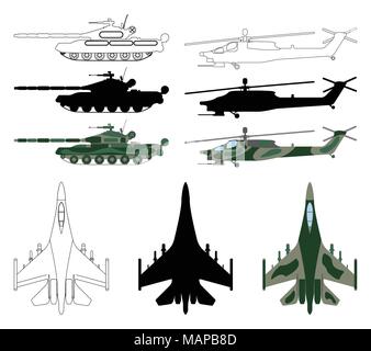 Kampfflugzeuge, Panzer, Hubschrauber in Silhouette, Cartoon, umriss Stil. Militärische Ausrüstung set Symbol. Vector Illustration. Stock Vektor