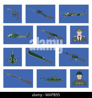 Satz von 12 militärischen Symbol. Kampfflugzeuge, Panzer, Hubschrauber, Waffen, Soldaten, Piloten. Vector Illustration. Stock Vektor