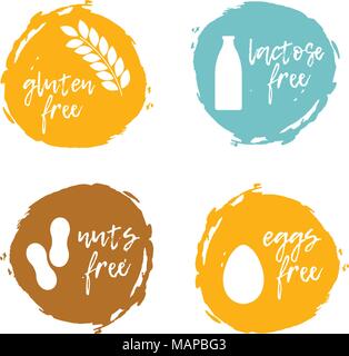 Satz von lebensmitteletiketten - Allergene, GVO-freien Produkten. Nahrungsmittelintoleranz Symbole Sammlung. Vector Illustration. Stock Vektor