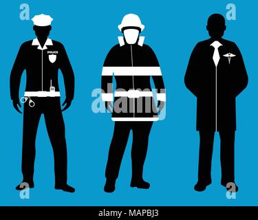 Der Polizist, Arzt, Feuerwehrmann flachbild Symbole. Service 911. Silhouette Vector Illustration. Stock Vektor