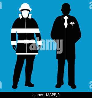 Arzt und Feuerwehrmann Flachbild-Symbol. Service 911. Silhouette Vector Illustration. Stock Vektor