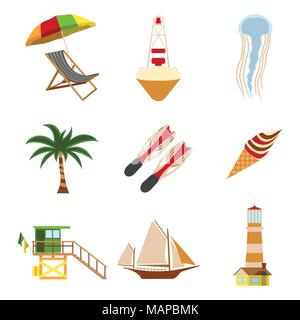 Meer und Tourismus flachbild Icon Set. Cartoon Vector Illustration. Stock Vektor