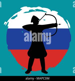 Bogenschütze Krieger Silhouette auf Russland Flagge Hintergrund. Isolierte Vector Illustration. Stock Vektor