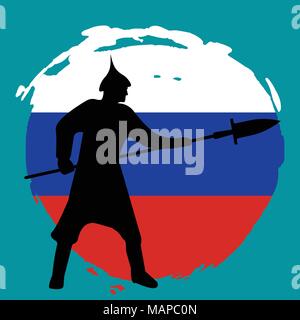 Krieger Silhouette auf Russland Flagge Hintergrund. Isolierte Vector Illustration. Stock Vektor