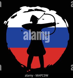 Bogenschütze Krieger Silhouette auf Russland Flagge und schwarzen Hintergrund. Isolierte Vector Illustration. Stock Vektor