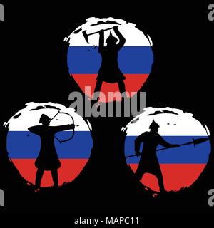 Der Krieger Silhouette auf Russland Flagge und schwarzen Hintergrund. Isolierte Vector Illustration. Stock Vektor