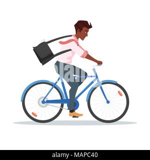 Vektor Cartoon Stil Abbildung: afro-amerikanische Geschäftsmann reiten auf dem Fahrrad und eilte zu arbeiten. Auf weissem Hintergrund. Stock Vektor