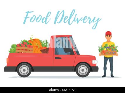 Vektor Cartoon Stil Landwirte Obst und Gemüse rot Lieferung Auto mit der lächelnden Befreier Holding frisches Gemüse. Auf weissem Hintergrund. Stock Vektor
