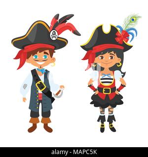 Vektor Cartoon Stil Junge und Mädchen Zeichen in Piratenkostüme. Kinder Karneval oder Party. Stock Vektor