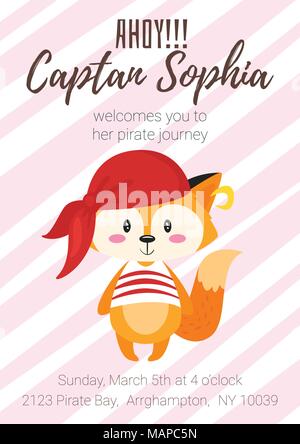 Vektor Cartoon Stil Kinder Piratenpartei poster Mit niedlichen Charakter Fuchs in rotes Halstuch und rosa Streifen Hintergrund. Stock Vektor
