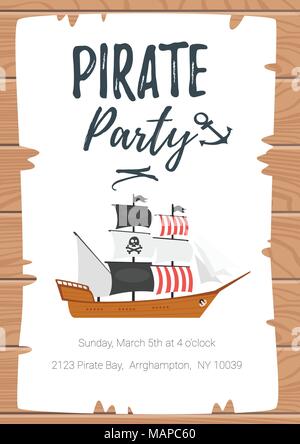 Vektor Cartoon Stil Pirate kid Party Poster Vorlage auf zerrissenes Papier mit Segelschiff. Holz- Hintergrund. Stock Vektor