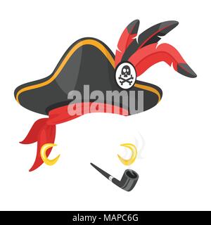 Vektor cartoon Style lustige Pirat Gesicht Element oder Karneval Maske. Deko Objekt für Ihr selfie foto und video chat Filter. Hut, rauchen Rohr und ea Stock Vektor