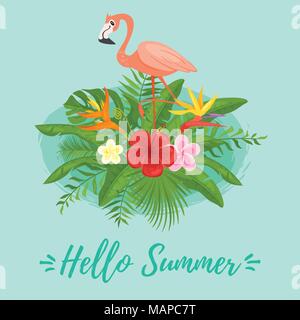 Vektor Cartoon Stil Hallo Sommer Design für Saison Postkarte oder Poster mit floralen Komposition mit tropischen Blättern, Blüten und Flamingo Vogel. Colorf Stock Vektor