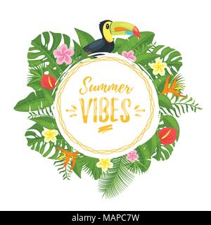 Vektor Cartoon Stil Hallo Sommer Design für Saison Postkarte oder Poster mit floralen Kreis Zusammensetzung mit tropischen Blättern und toucan Vogel. Bunte v Stock Vektor