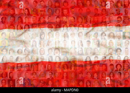 Viele verschiedene Gesichter auf Österreich Nationalflagge Stockfoto