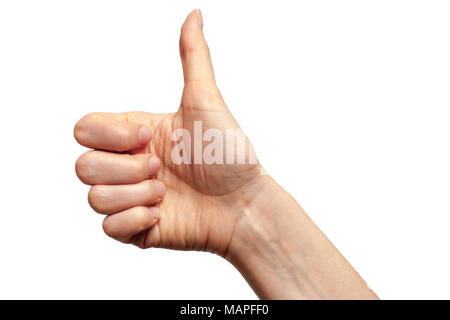 Nahaufnahme der Frau die Hand mit dem Daumen oben auf weißem Hintergrund. Stockfoto