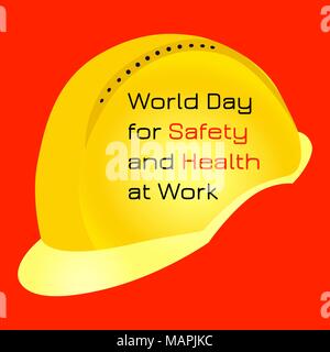 Welttag für Sicherheit und Gesundheit bei der Arbeit. Am 28. April. Feier Konzept. Gelbe Schutzhelm. Roten Hintergrund. Text auf der Helm Stock Vektor