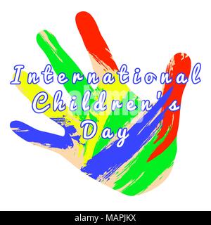 Internationalen Tag der Kinder. Das Konzept der Veranstaltung. Kinder Palm in die Verleumdungen der Farbe. Auf weissem Hintergrund Stock Vektor
