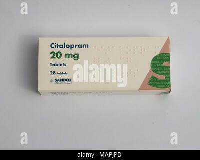 Eine Packung mit SSRI (selektiver Serotonin-Wiederaufnahmehemmer) Antidepressivum, Citalopram. Stockfoto