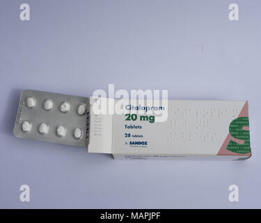 Eine Box von SSRI (selektive Serotonin-Wiederaufnahmehemmer) antidressant Medikation, Citalopram. Stockfoto