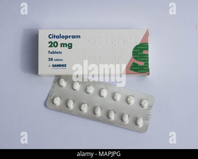 Eine Packung mit SSRI (selektiver Serotonin-Wiederaufnahmehemmer) Antidepressivum, Citalopram. Stockfoto