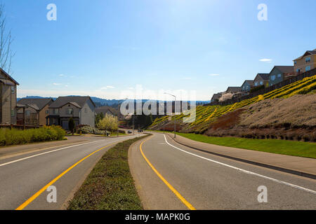 Nachbarschaft Einbahnstraße in Nordamerikanischen Vorstadtnachbarschaft auf einem blauen Himmel sonnigen Tag Stockfoto