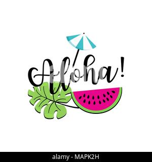 Inschrift Hallo Sommer und Wassermelone Slice, Vector, Schriftzug Stock Vektor