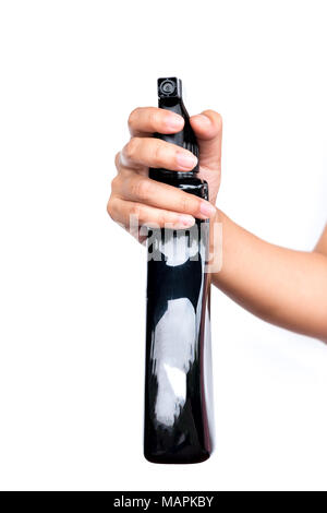 Schwarze leere Kunststoff Spray Reinigungsmittel Flasche auf weißem Hintergrund. Verpackung Vorlage mockup Sammlung. Stockfoto