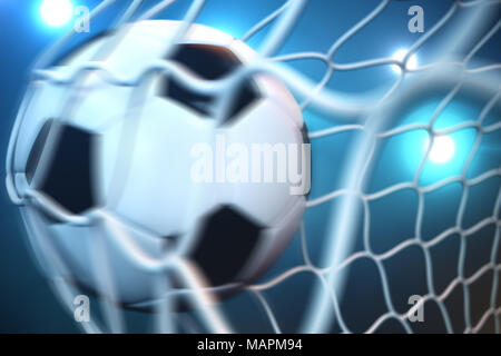 3D-rendering Soccer Ball im Ziel in Bewegung. Soccer ball in Netz in Bewegung mit Spotlight oder Stadion hellen Hintergrund, Erfolg Konzept Stockfoto