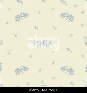 Hand gezeichnet vector Vintage floral background. Skizze Tinte Abbildung. Blätter, Blumen und Vögel. Stock Vektor