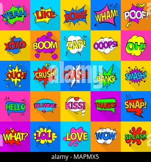 Comic farbige Sound Icons, flacher Stil Stock Vektor