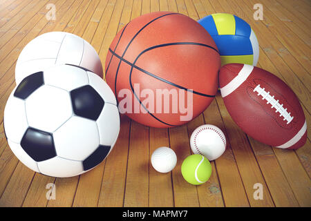 3D-rendering Sport Bälle auf Holz- Hintergrund. Satz von Sport Bälle. Sport wie Fußball, Basketball, Baseball, Tennis, Golf Ball für Mannschaft und einzelne Spielen für Erholung und Gesundheit verbessern. Stockfoto
