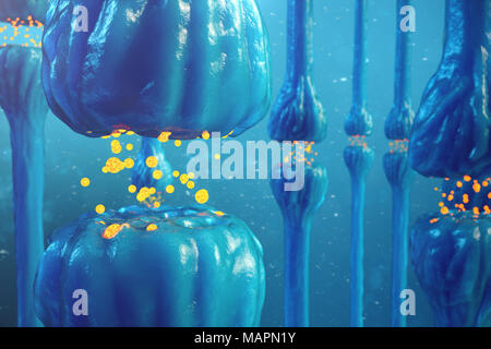 Die synaptische Übertragung, menschliche Nervensystem. Gehirn Synapsen. Getriebe Synapse, Signale, Impulse im Gehirn, Informationsübertragung auf zellulärer oder atomarer Ebene. 3D-Rendering Stockfoto