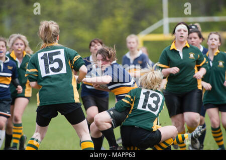Mädchen in Angriff genommen in Rugby-Spiel Stockfoto