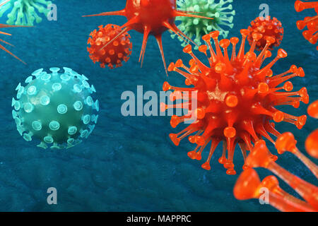 3D-Abbildung der pathogenen Viren Infektion verursachen im Wirtsorganismus. Viruserkrankung, die Epidemie. Virus abstrakt Hintergrund. Viren, Bakterien, Zellen infizierten Organismus. Stockfoto