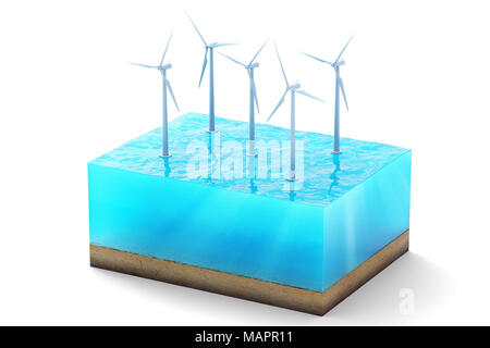 3D-Rendering der Querschnitt des Water Cube auf weißem Hintergrund. Windkraftanlagen im Meer produziert saubere Energie Stockfoto