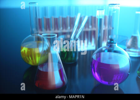 3D-Darstellung einer chemischen Reaktion, das Konzept einer wissenschaftlichen Labor auf einem blauen Hintergrund. Kolben mit farbigen Flüssigkeiten mit unterschiedlichen Zusammensetzungen gefüllt. Stockfoto