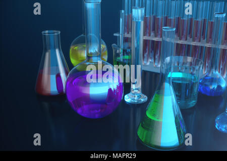 3D-Darstellung einer chemischen Reaktion, das Konzept einer wissenschaftlichen Labor auf einem blauen Hintergrund. Kolben mit farbigen Flüssigkeiten mit unterschiedlichen Zusammensetzungen gefüllt Stockfoto