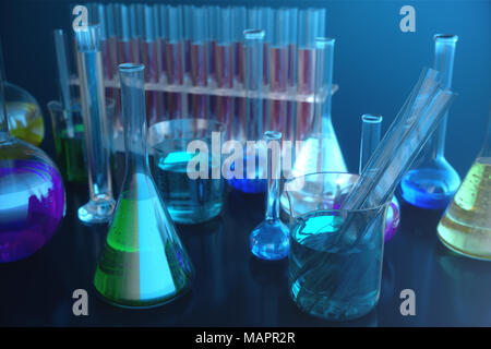 3D-Darstellung einer chemischen Reaktion, das Konzept einer wissenschaftlichen Labor auf einem blauen Hintergrund. Kolben mit farbigen Flüssigkeiten mit unterschiedlichen Zusammensetzungen gefüllt Stockfoto