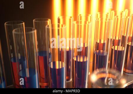 3D-Darstellung einer chemischen Reaktion, das Konzept einer wissenschaftlichen Labor auf einem blauen Hintergrund. Kolben mit farbigen Flüssigkeiten mit unterschiedlichen Zusammensetzungen gefüllt Stockfoto