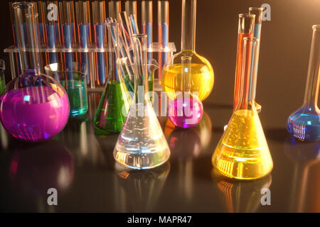 3D-Darstellung einer chemischen Reaktion, das Konzept einer wissenschaftlichen Labor auf einem blauen Hintergrund. Kolben mit farbigen Flüssigkeiten mit unterschiedlichen Zusammensetzungen gefüllt Stockfoto