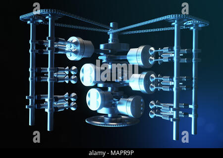 3D-Darstellung eines Verbrennungsmotors. Motorteile, Kurbelwelle, Kolben, Kraftstoffversorgungssystem. V6-Motor Kolben mit Kurbelwelle in Bewegung. Abbildung: auto motor Innen. Stockfoto