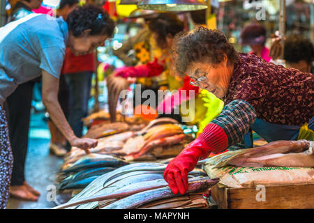 Fisch zum Verkauf an Jagalchi Fischmarkt, Busan, Südkorea, Asien Stockfoto