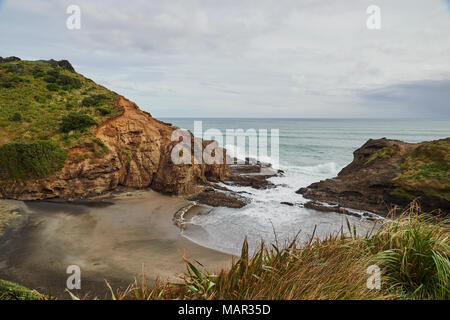 Blick auf die Tasmanische See über vulkanischen schwarzen Sand Strand von Piha, Premier surfen Resort in Neuseeland, Nordinsel, Neuseeland, Pazifische Stockfoto