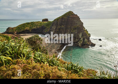 Die Surfers Paradise und vulkanischen schwarzen Sand Strand von Piha, anzeigen Lion Rock, ein Monolith Gehäuse viele Maori Schnitzereien, Auckland, Nordinsel, N Stockfoto